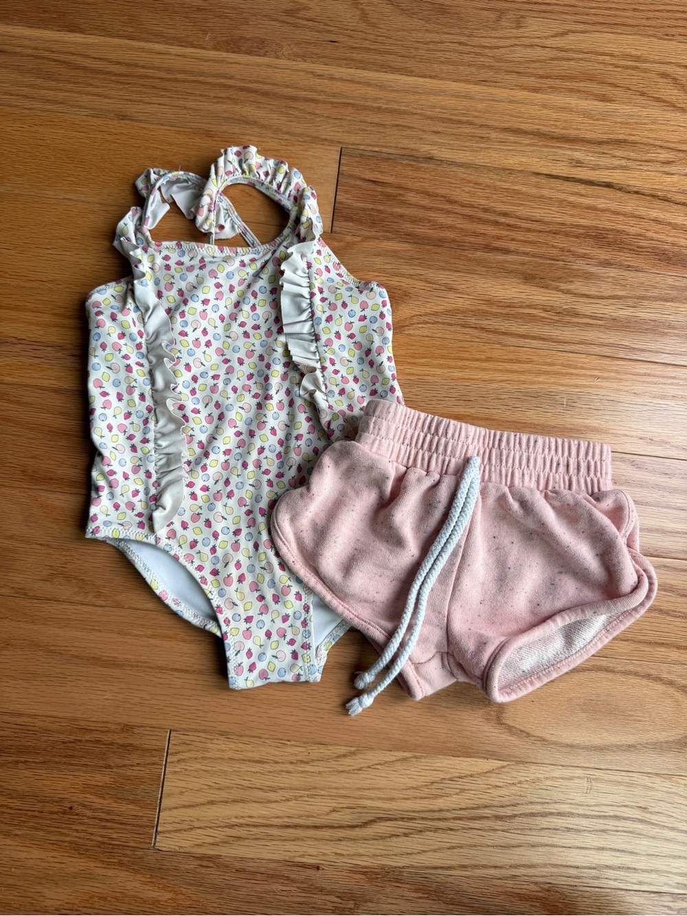 Zara Ruffle Swimsuit with fruit pattern and shorts